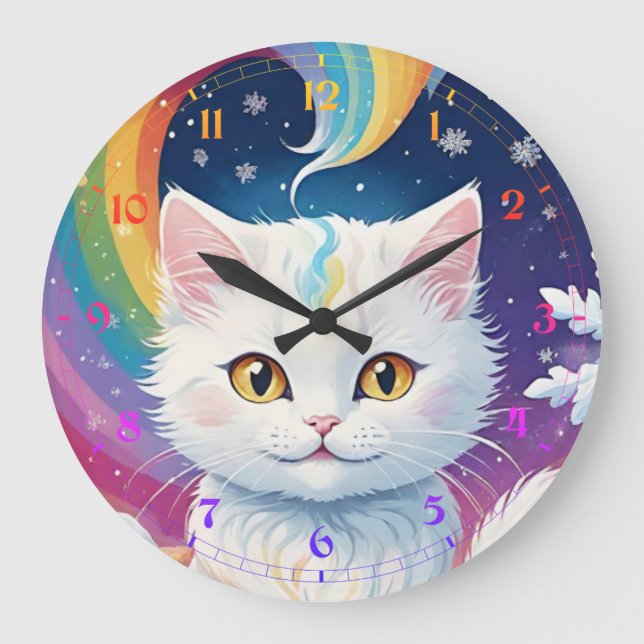 Cute White Cat Large Clock (Front)