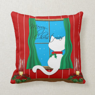 Cute White Cat Merry Christmas Holiday Pillow