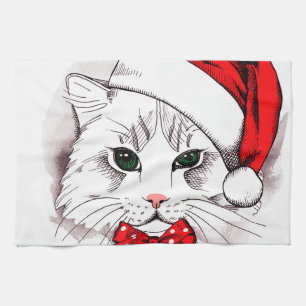 Cute White Cat Merry Christmas Kitchen Towel
