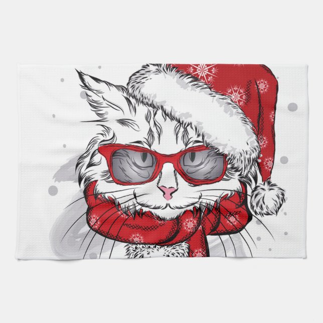 Cute White Cat Merry Christmas Kitchen Towel (Horizontal)