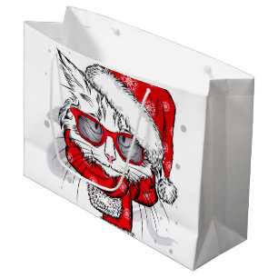 Cute White Cat Merry Christmas Large Gift Bag