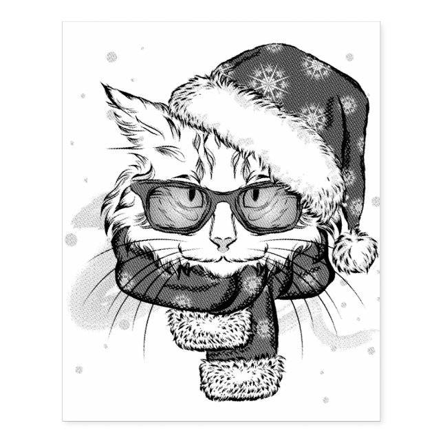 Cute White Cat Merry Christmas Rubber Stamp (Imprint)