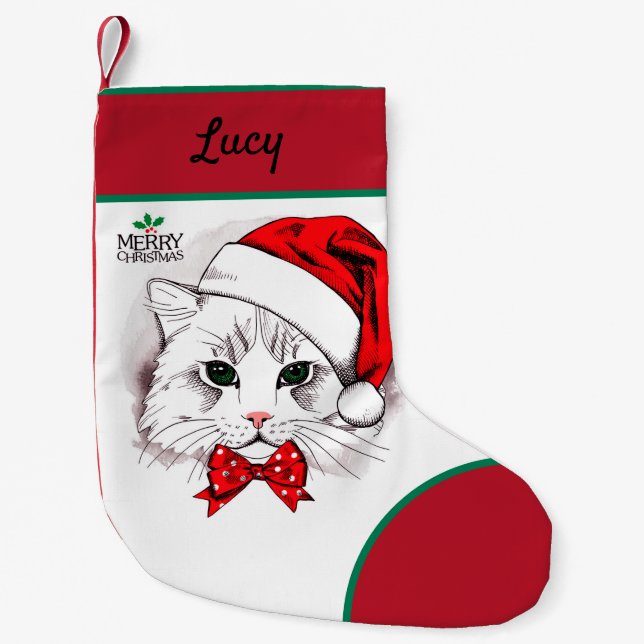 Cute White Cat Merry Christmas Small Christmas Stocking (Front)