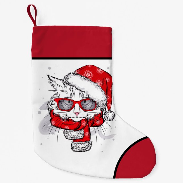 Cute White Cat Merry Christmas Small Christmas Stocking (Front)