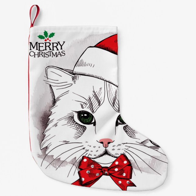 Cute White Cat Merry Christmas Small Christmas Stocking (Front)
