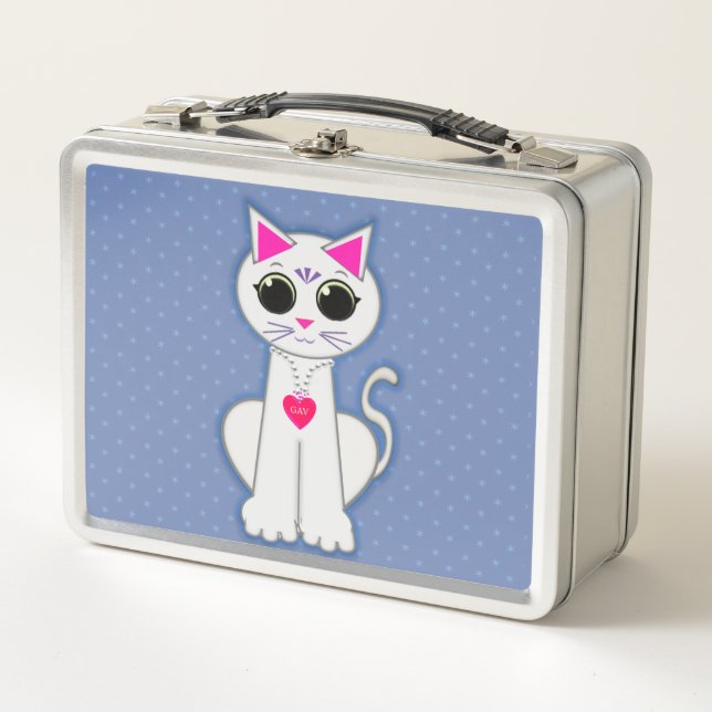 Cute white cat metal lunch box (Front)
