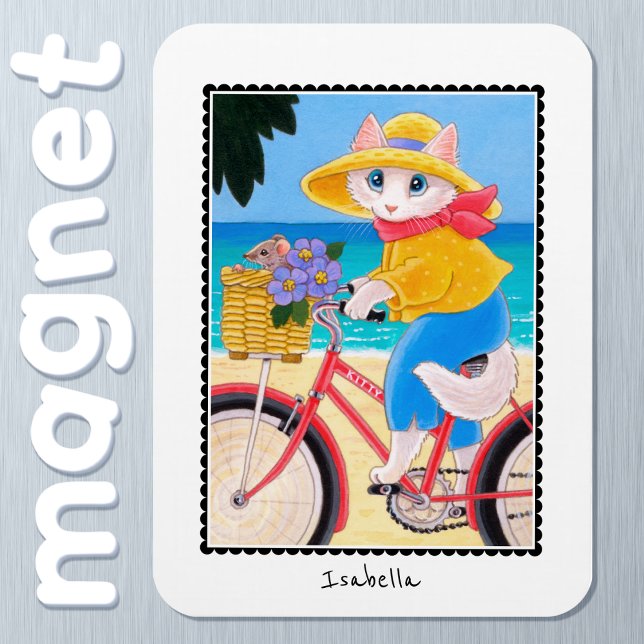 Cute White Cat Mouse Best Friends Bicycle Name Fun Magnet (Creator Uploaded)