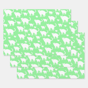 Cute White Cat Pattern, Green Background Wrapping Paper Sheet