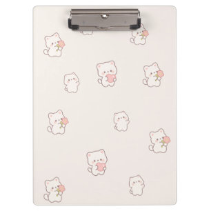 Cute White Cat Pattern – Kawaii Hearts & Flowers  Clipboard