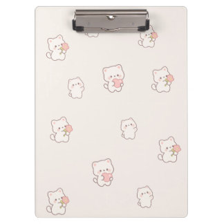 Cute White Cat Pattern – Kawaii Hearts & Flowers Clipboard