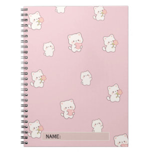 Cute White Cat Pattern – Kawaii Hearts & Flowers Notebook
