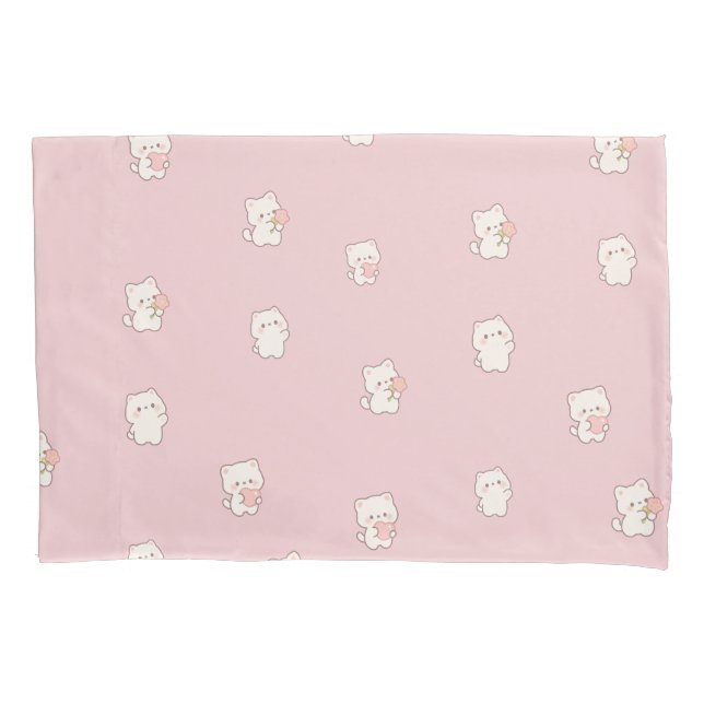 Cute White Cat Pattern – Kawaii Hearts & Flowers  Pillowcase (Front)