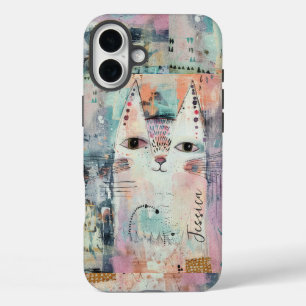 Cute White Cat Personalized iPhone 16 Plus Case