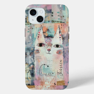 Cute White Cat Personalized iPhone 15 Mini Case