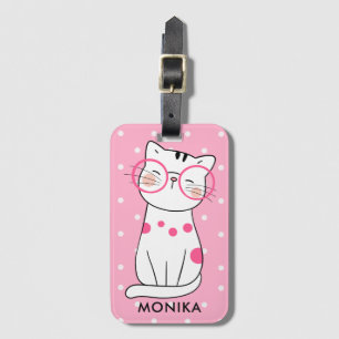 Cute white Cat Pink Polka Dot Pattern Monogram Luggage Tag