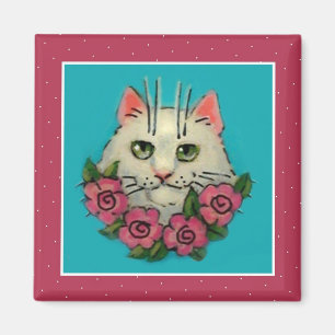 Cute white cat, pink roses magnet