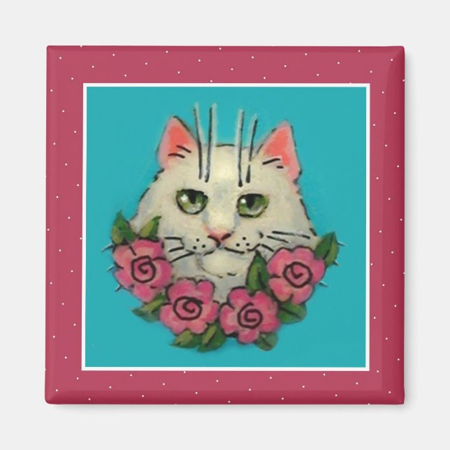 Cute white cat, pink roses magnet (Front)