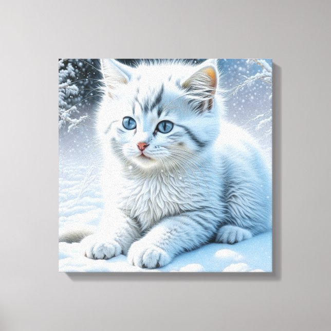 Cute White Cat Playing in the Snow   Canvas Print (Front)