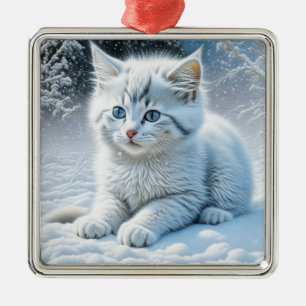 Cute White Cat Playing in the Snow Christmas Metal Ornament