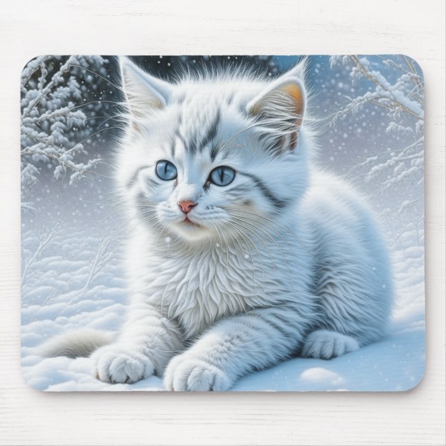 Cute White Cat Playing in the Snow Mouse Pad (Front)