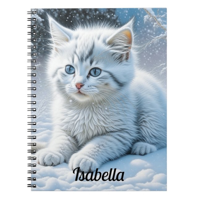 Cute White Cat Playing in the Snow Personalized Notebook (Front)