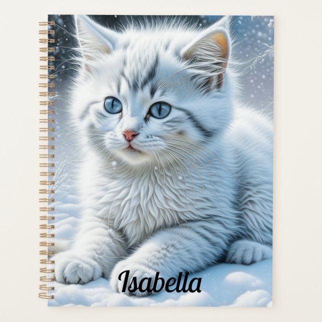 Cute White Cat Playing in the Snow Personalized Planner (Front)