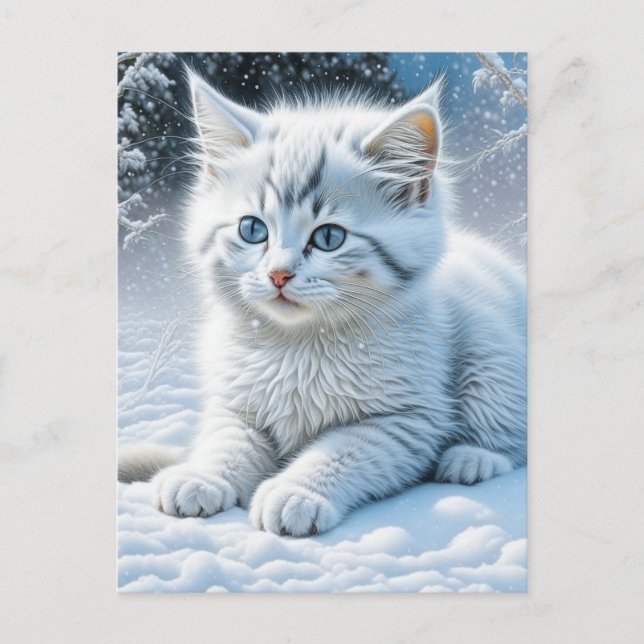 Cute White Cat Playing in the Snow   Postcard (Front)