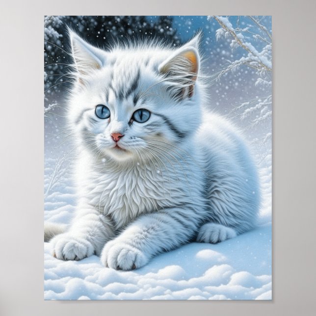 Cute White Cat Playing in the Snow   Poster (Front)