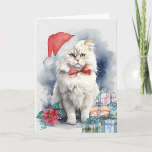 Cute White Cat Santa Hat Gifts Blank Christmas Card