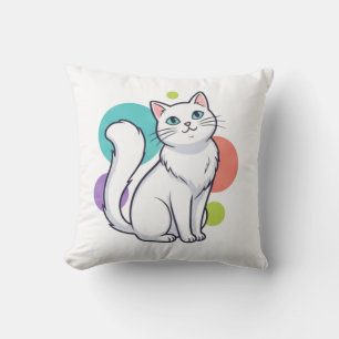 Cute White Cat Sitting Graphic Tee Throw Pillow