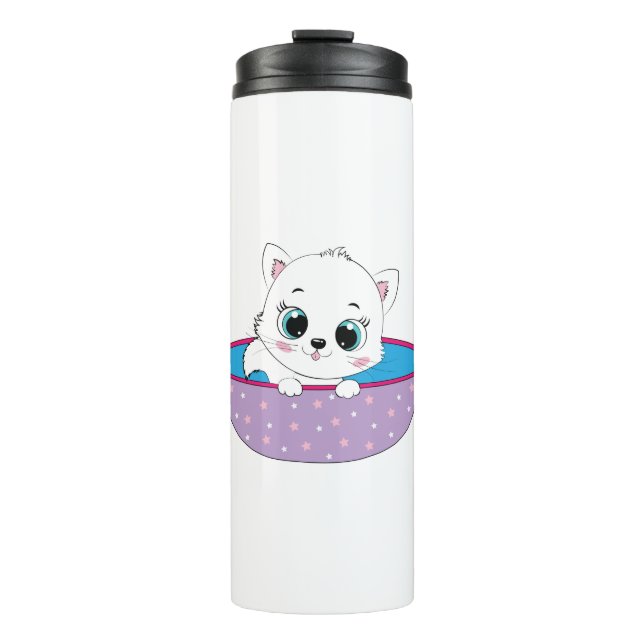 cute white cat thermal tumbler (Front)