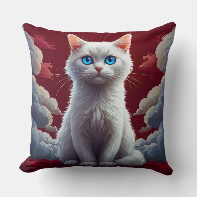 Cute White Cat Throw Pillow (Front)