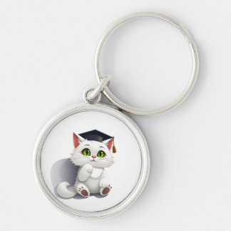 Cute white cat wearing a graduation cap keychain