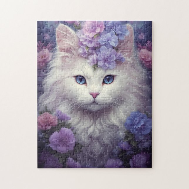 Cute White Cat with Flowers, Fantasy Art Jigsaw Puzzle (Vertical)