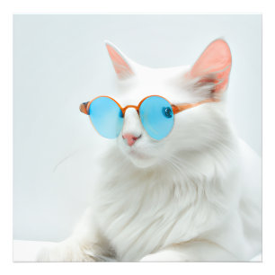 Cute white cat with glasses     photo print