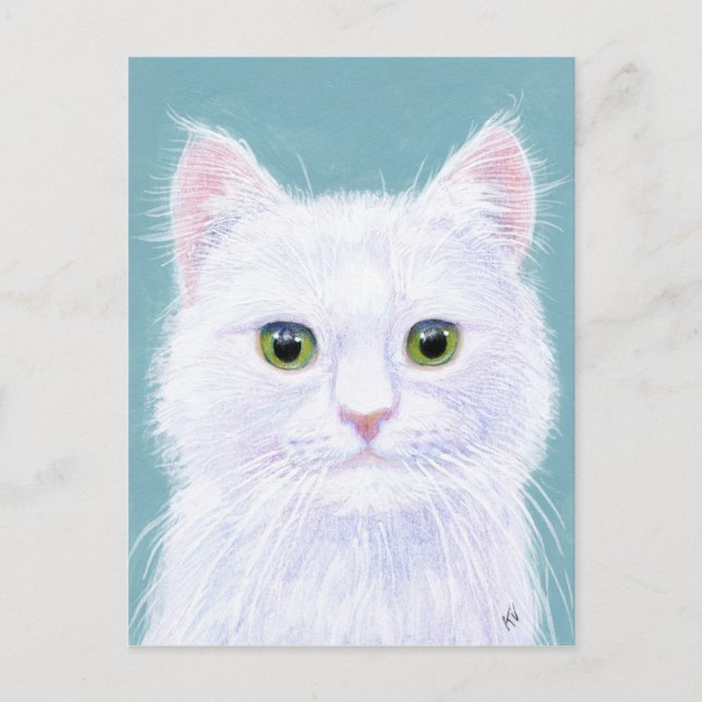 Cute White Cat with green eyes postcard (Front)