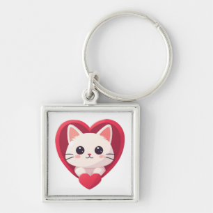 Cute White Cat with Heart Kawaii Kitty Love Design Keychain