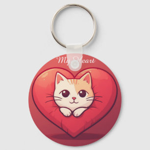 Cute White Cat with Heart Kawaii Kitty Love Design Keychain