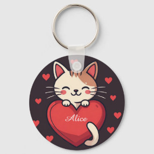 Cute White Cat with Heart Kawaii Kitty Love Design Keychain