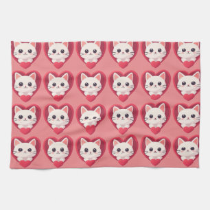 Cute White Cat with Heart Kawaii Kitty Love Design Kitchen Towel