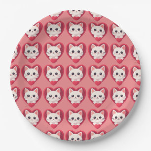 Cute White Cat with Heart Kawaii Kitty Love Design Paper Plate