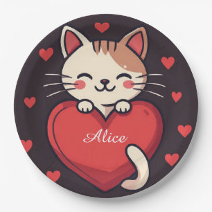 Cute White Cat with Heart Kawaii Kitty Love Design Paper Plate