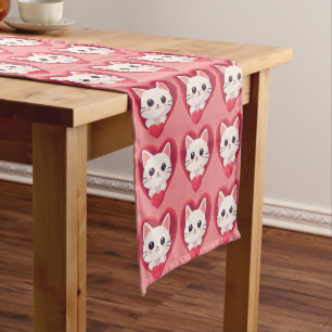 Cute White Cat with Heart Kawaii Kitty Love Design Short Table Runner