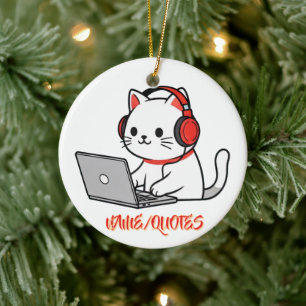 Cute White Cat with Red Headphones Laptop Ceramic Ornament