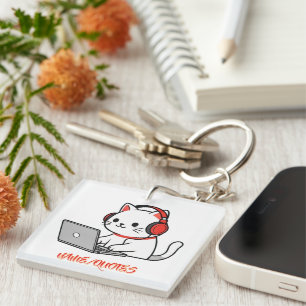 Cute White Cat with Red Headphones Laptop Keychain