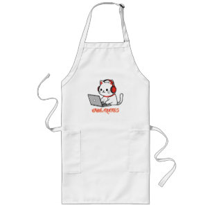 Cute White Cat with Red Headphones Laptop Long Apron
