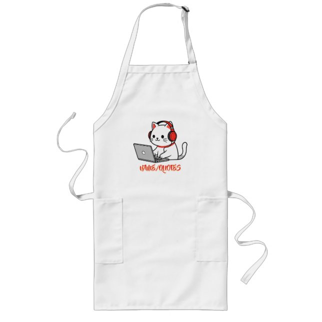 Cute White Cat with Red Headphones Laptop Long Apron (Front)