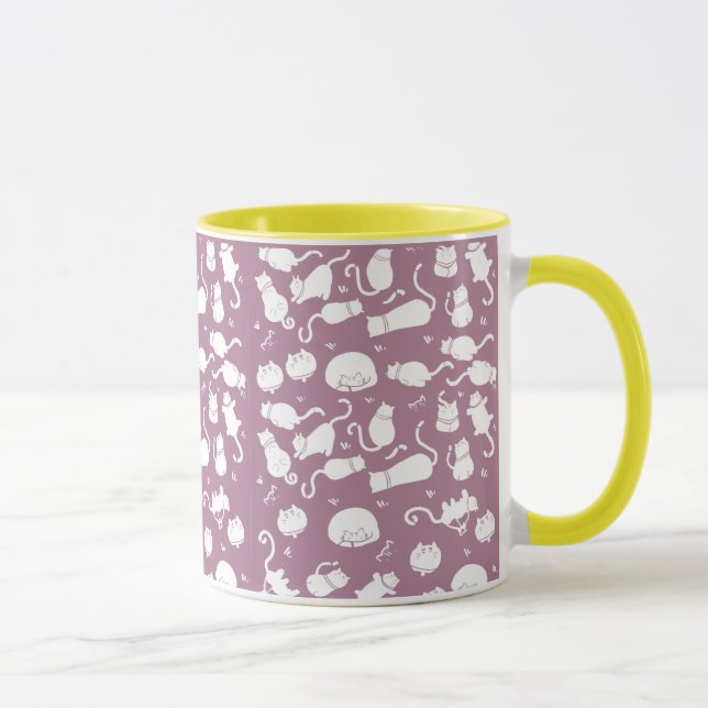 Cute White Cats Pattern on Mauve Background Mug (Right)