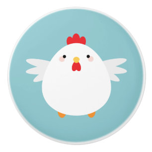 Cute White Chicken on Green Illustration Ceramic Knob