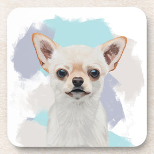 Cute White Chihuahua Dog Abstract Blue Background Coaster